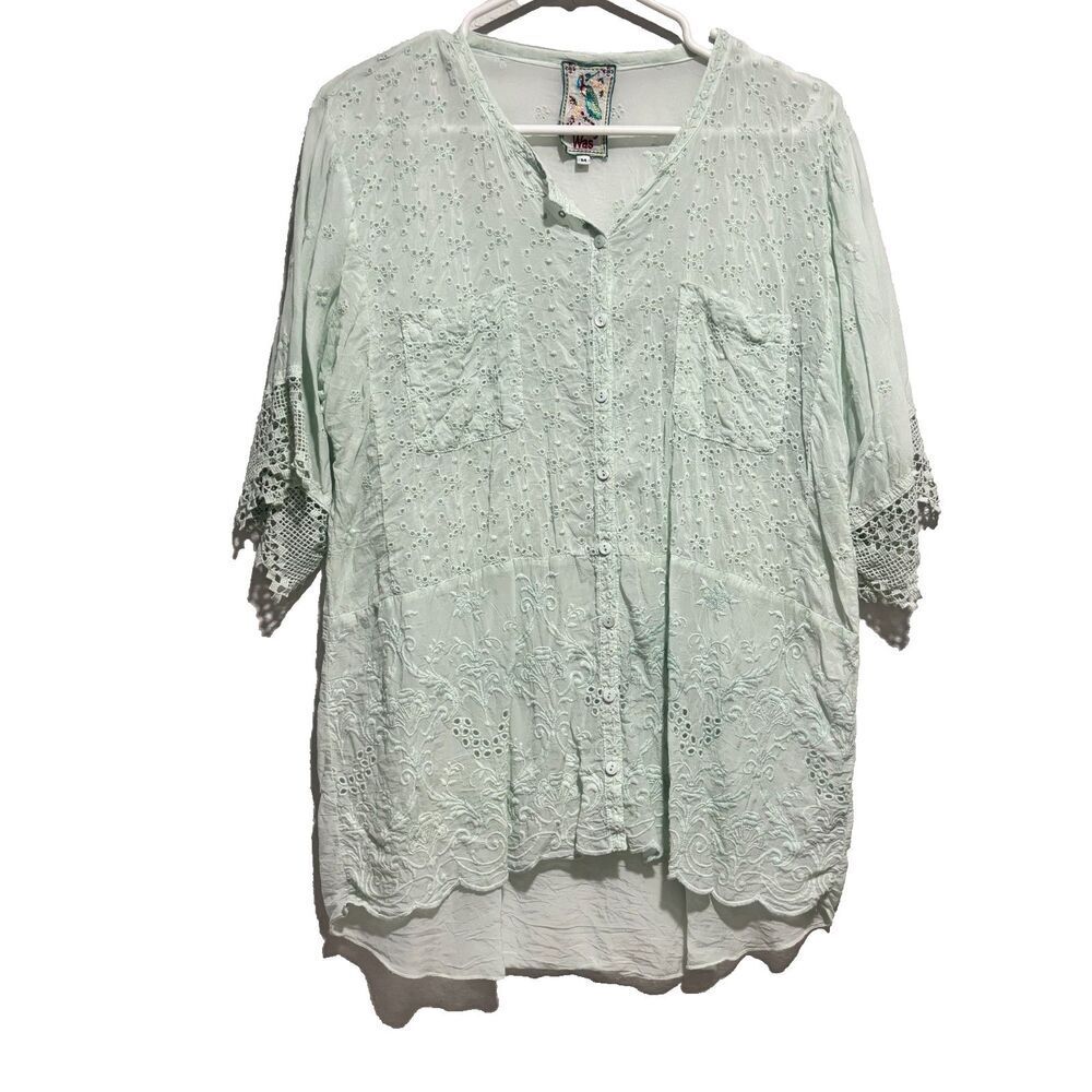 Johnny‎ Was Womens Top Green M Eyelet Embroidered Bohemian Summer Button Up